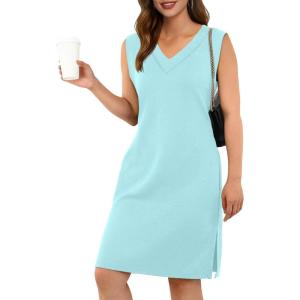 imageGRECERELLE 2025 Women Summer InsideOut VNeck Casual Loose Split WrinkleFree Midi Dress with PocketsLight Blue