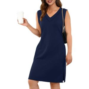 imageGRECERELLE 2025 Women Summer InsideOut VNeck Casual Loose Split WrinkleFree Midi Dress with PocketsNavy Blue