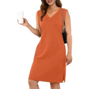 imageGRECERELLE 2025 Women Summer InsideOut VNeck Casual Loose Split WrinkleFree Midi Dress with PocketsTan