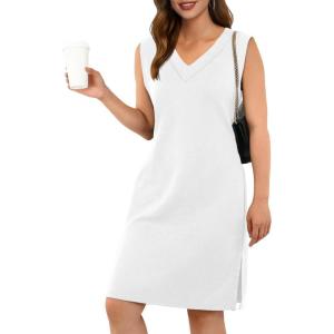 imageGRECERELLE 2025 Women Summer InsideOut VNeck Casual Loose Split WrinkleFree Midi Dress with PocketsWhite