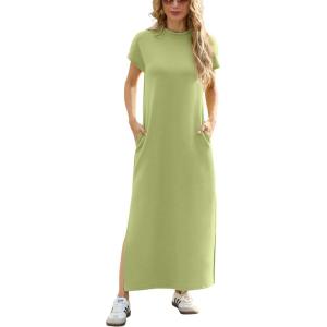 imageGRECERELLE 2025 Women Summer Mock Neck Short Sleeve Casual Loose Split WrinkleFree Long Maxi Dress with PocketsAvocado Green