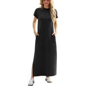 imageGRECERELLE 2025 Women Summer Mock Neck Short Sleeve Casual Loose Split WrinkleFree Long Maxi Dress with PocketsBlack