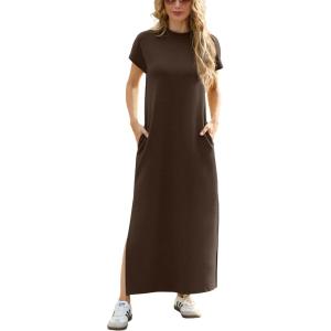 imageGRECERELLE 2025 Women Summer Mock Neck Short Sleeve Casual Loose Split WrinkleFree Long Maxi Dress with PocketsDark Coffee