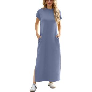 imageGRECERELLE 2025 Women Summer Mock Neck Short Sleeve Casual Loose Split WrinkleFree Long Maxi Dress with PocketsDenim Blue