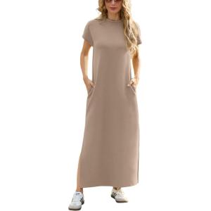 imageGRECERELLE 2025 Women Summer Mock Neck Short Sleeve Casual Loose Split WrinkleFree Long Maxi Dress with PocketsKhaki