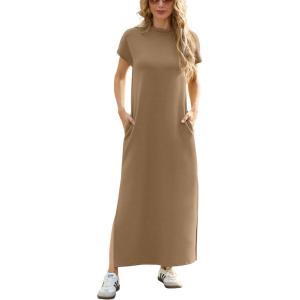 imageGRECERELLE 2025 Women Summer Mock Neck Short Sleeve Casual Loose Split WrinkleFree Long Maxi Dress with PocketsLight Coffee