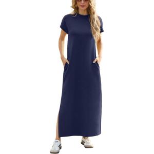 imageGRECERELLE 2025 Women Summer Mock Neck Short Sleeve Casual Loose Split WrinkleFree Long Maxi Dress with PocketsNavy Blue