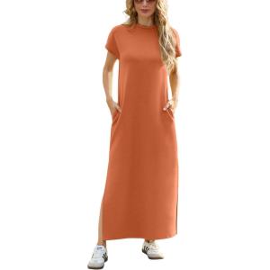 imageGRECERELLE 2025 Women Summer Mock Neck Short Sleeve Casual Loose Split WrinkleFree Long Maxi Dress with PocketsTan