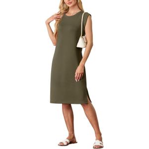 imageGRECERELLE 2025 Women Summer Round Neck Casual Loose Split WrinkleFree Midi Dress with Pockets XS3XLArmy Green