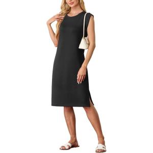 imageGRECERELLE 2025 Women Summer Round Neck Casual Loose Split WrinkleFree Midi Dress with Pockets XS3XLBlack