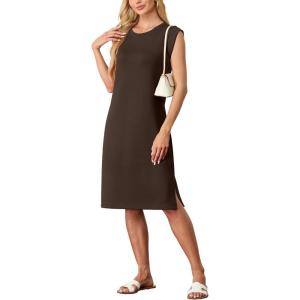 imageGRECERELLE 2025 Women Summer Round Neck Casual Loose Split WrinkleFree Midi Dress with Pockets XS3XLDark Coffee