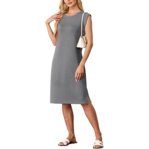 imageGRECERELLE 2025 Women Summer Round Neck Casual Loose Split WrinkleFree Midi Dress with Pockets XS3XLGrey