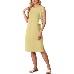 imageGRECERELLE 2025 Women Summer Round Neck Casual Loose Split WrinkleFree Midi Dress with Pockets XS3XLMustard Yellow
