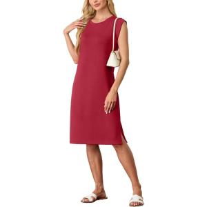 imageGRECERELLE 2025 Women Summer Round Neck Casual Loose Split WrinkleFree Midi Dress with Pockets XS3XLWine Red