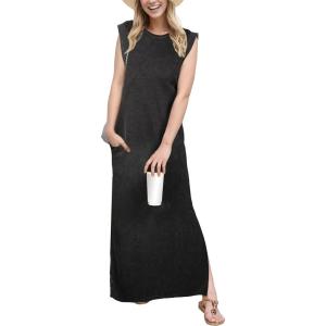 imageGRECERELLE 2025 Women YearRound Casual Round Neck Loose Split WrinkleFree Long Maxi Vacation Dress with Pockets XS3XLAcid Washed Black