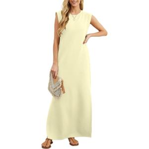 imageGRECERELLE 2025 Women YearRound Casual Round Neck Loose Split WrinkleFree Long Maxi Vacation Dress with Pockets XS3XLApricot