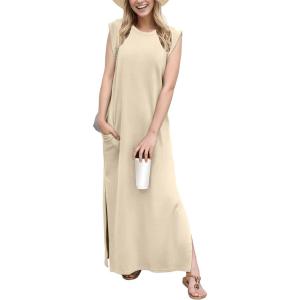imageGRECERELLE 2025 Women YearRound Casual Round Neck Loose Split WrinkleFree Long Maxi Vacation Dress with Pockets XS3XLApricot White