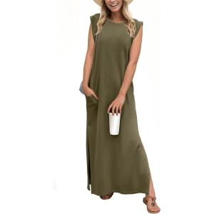 imageGRECERELLE 2025 Women YearRound Casual Round Neck Loose Split WrinkleFree Long Maxi Vacation Dress with Pockets XS3XLArmy Green