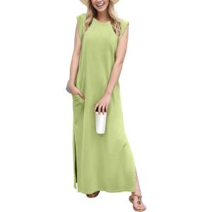 imageGRECERELLE 2025 Women YearRound Casual Round Neck Loose Split WrinkleFree Long Maxi Vacation Dress with Pockets XS3XLAvocado Green
