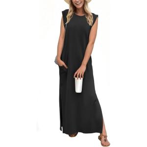imageGRECERELLE 2025 Women YearRound Casual Round Neck Loose Split WrinkleFree Long Maxi Vacation Dress with Pockets XS3XLBlack