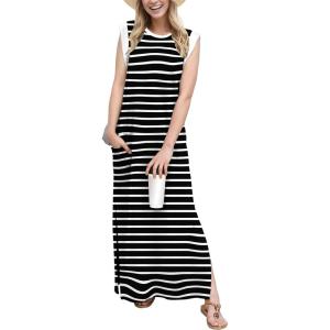 imageGRECERELLE 2025 Women YearRound Casual Round Neck Loose Split WrinkleFree Long Maxi Vacation Dress with Pockets XS3XLBlack White Strip