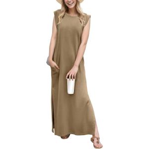 imageGRECERELLE 2025 Women YearRound Casual Round Neck Loose Split WrinkleFree Long Maxi Vacation Dress with Pockets XS3XLBrown