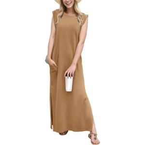 imageGRECERELLE 2025 Women YearRound Casual Round Neck Loose Split WrinkleFree Long Maxi Vacation Dress with Pockets XS3XLCamel