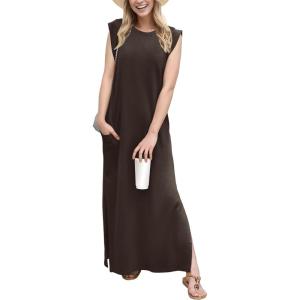 imageGRECERELLE 2025 Women YearRound Casual Round Neck Loose Split WrinkleFree Long Maxi Vacation Dress with Pockets XS3XLDark Coffee