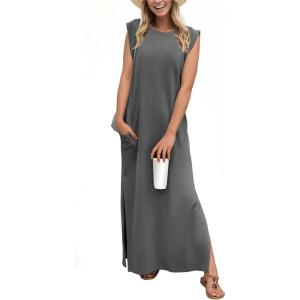 imageGRECERELLE 2025 Women YearRound Casual Round Neck Loose Split WrinkleFree Long Maxi Vacation Dress with Pockets XS3XLDark Gray