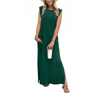 imageGRECERELLE 2025 Women YearRound Casual Round Neck Loose Split WrinkleFree Long Maxi Vacation Dress with Pockets XS3XLDark Green