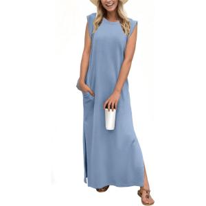 imageGRECERELLE 2025 Women YearRound Casual Round Neck Loose Split WrinkleFree Long Maxi Vacation Dress with Pockets XS3XLDenim Blue