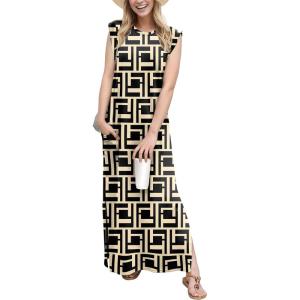 imageGRECERELLE 2025 Women YearRound Casual Round Neck Loose Split WrinkleFree Long Maxi Vacation Dress with Pockets XS3XLFp Black Puzzle