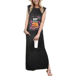 imageGRECERELLE 2025 Women YearRound Casual Round Neck Loose Split WrinkleFree Long Maxi Vacation Dress with Pockets XS3XLFp Halloween Pumpkin