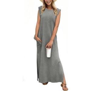 imageGRECERELLE 2025 Women YearRound Casual Round Neck Loose Split WrinkleFree Long Maxi Vacation Dress with Pockets XS3XLHeather Grey