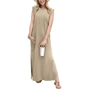imageGRECERELLE 2025 Women YearRound Casual Round Neck Loose Split WrinkleFree Long Maxi Vacation Dress with Pockets XS3XLKhaki