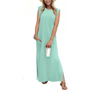 imageGRECERELLE 2025 Women YearRound Casual Round Neck Loose Split WrinkleFree Long Maxi Vacation Dress with Pockets XS3XLLight Blue