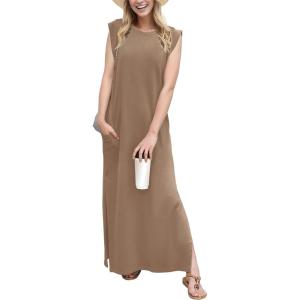 imageGRECERELLE 2025 Women YearRound Casual Round Neck Loose Split WrinkleFree Long Maxi Vacation Dress with Pockets XS3XLLight Coffee