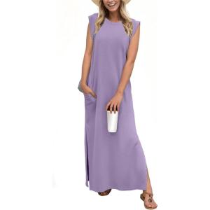 imageGRECERELLE 2025 Women YearRound Casual Round Neck Loose Split WrinkleFree Long Maxi Vacation Dress with Pockets XS3XLLilac