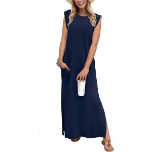imageGRECERELLE 2025 Women YearRound Casual Round Neck Loose Split WrinkleFree Long Maxi Vacation Dress with Pockets XS3XLNavy Blue