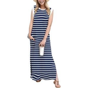 imageGRECERELLE 2025 Women YearRound Casual Round Neck Loose Split WrinkleFree Long Maxi Vacation Dress with Pockets XS3XLNavy Blue White Strip