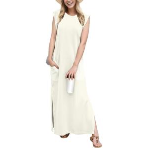 imageGRECERELLE 2025 Women YearRound Casual Round Neck Loose Split WrinkleFree Long Maxi Vacation Dress with Pockets XS3XLOffwhite