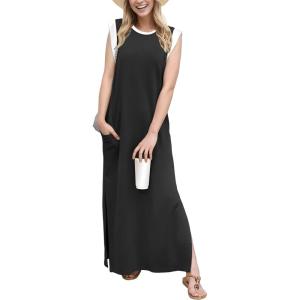 imageGRECERELLE 2025 Women YearRound Casual Round Neck Loose Split WrinkleFree Long Maxi Vacation Dress with Pockets XS3XLPj Black White
