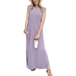 imageGRECERELLE 2025 Women YearRound Casual Round Neck Loose Split WrinkleFree Long Maxi Vacation Dress with Pockets XS3XLPurple