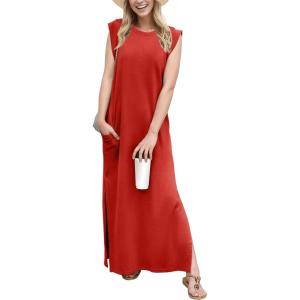 imageGRECERELLE 2025 Women YearRound Casual Round Neck Loose Split WrinkleFree Long Maxi Vacation Dress with Pockets XS3XLRed