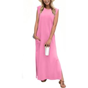 imageGRECERELLE 2025 Women YearRound Casual Round Neck Loose Split WrinkleFree Long Maxi Vacation Dress with Pockets XS3XLRose Red