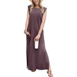 imageGRECERELLE 2025 Women YearRound Casual Round Neck Loose Split WrinkleFree Long Maxi Vacation Dress with Pockets XS3XLRosewood