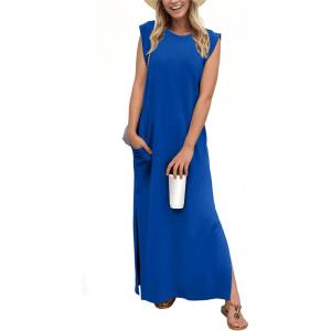 imageGRECERELLE 2025 Women YearRound Casual Round Neck Loose Split WrinkleFree Long Maxi Vacation Dress with Pockets XS3XLRoyal Blue