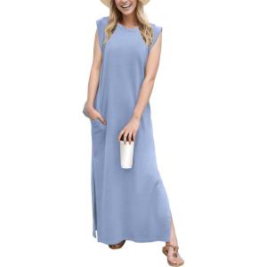 imageGRECERELLE 2025 Women YearRound Casual Round Neck Loose Split WrinkleFree Long Maxi Vacation Dress with Pockets XS3XLSky Blue
