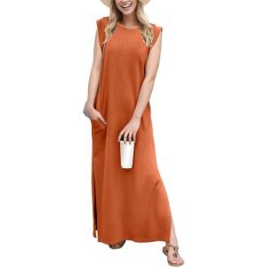 imageGRECERELLE 2025 Women YearRound Casual Round Neck Loose Split WrinkleFree Long Maxi Vacation Dress with Pockets XS3XLTan