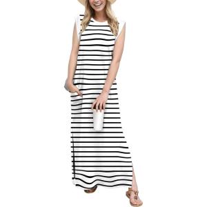 imageGRECERELLE 2025 Women YearRound Casual Round Neck Loose Split WrinkleFree Long Maxi Vacation Dress with Pockets XS3XLWhite Black Strip